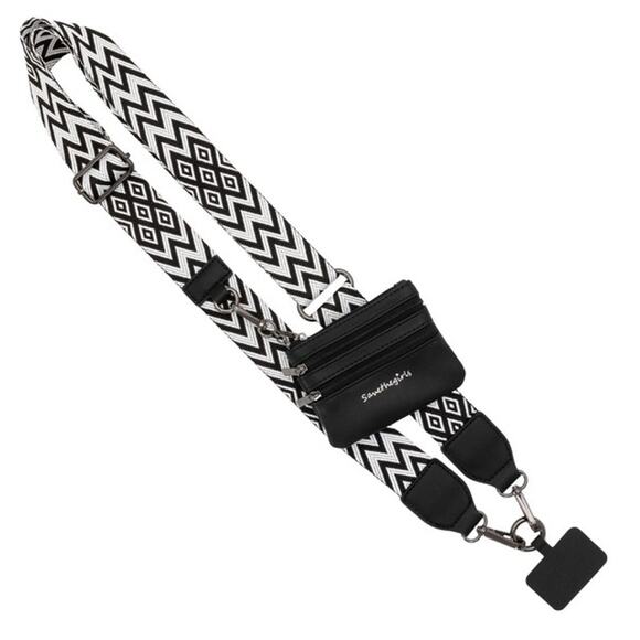 Clip & Go Phone Purse Crossbody Strap Zippered Pouch Black White Chevron